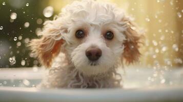 das Hund ist Baden im das Badezimmer. generativ ai Technologie. foto