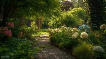 generativ ai, schön Sommer- Privat Garten mit viele Blumen und Pflanzen, Natur Landschaft, Englisch Landschaft Hütte Stil foto