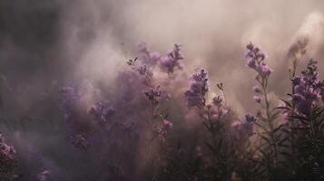 generativ ai, schließen oben wachsend Lavendel Feld mit Parfüm Rauch, blühen Lavendel, Rosa lila Blumen und Gras. foto