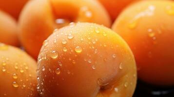 generativ ai, hell Scheibe von saftig reif Aprikose und Wasser Tropfen, Makro von Sommer- Obst foto