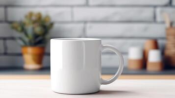 generativ ai, Weiß Keramik Tasse installieren im beim Zuhause Innere, Becher spotten oben leer. foto