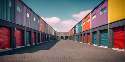 generativ ai, Mini bunt Metall selbst Lager Anlagen Vermietung Einheiten, Warenhaus Außen, Industrie Garage Gebäude. foto