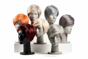 Haar Perücke Über das Plastik Mannequin Kopf isoliert Über das Weiß Hintergrund, Attrappe, Lehrmodell, Simulation mit zeitgenössisch Herren Frisuren, generativ ai Illustration foto