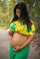 schwanger Frau posieren im ein Park foto