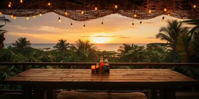 generativ ai, tropisch Sommer- Sonnenuntergang Strand Bar Hintergrund. draussen Restaurant, LED Licht Kerzen und hölzern Tische, Stühle unter schön Sonnenuntergang Himmel, Meer Sicht. foto