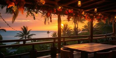 generativ ai, tropisch Sommer- Sonnenuntergang Strand Bar Hintergrund. draussen Restaurant, LED Licht Kerzen und hölzern Tische, Stühle unter schön Sonnenuntergang Himmel, Meer Sicht. foto