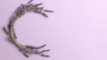 generativ ai, Kranz von Lavendel Geäst Blumen mit Kopieren Raum, natürlich organisch Blumen- Rahmen violett Hintergrund foto