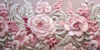 generativ ai, gestickt schäbig schick Barock Licht Rosa Rosen Muster. Blumen- drucken auf Seide Hintergrund foto