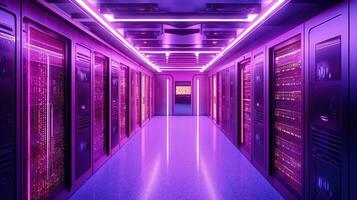 generativ ai, Daten Center, modern hoch Technologie Server Zimmer im lila Neon- Farben. modern Telekommunikation, Wolke rechnen, künstlich Intelligenz, Datenbank. foto