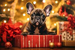 Hund in der Nähe von Weihnachten Baum beim heim. heiter Französisch Bulldoggenposen gegen Weihnachten Hintergrund. generativ ai. foto