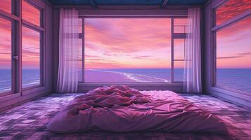 generativ ai, Fantasie lila entspannen Zimmer mit verträumt Bett, Bogen, Fenster und schön Landschaft mit Wolken. Schlafzimmer im Ruhe Lavendel und violett Farben. foto