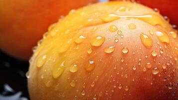 generativ ai, hell Scheibe von saftig reif Aprikose und Wasser Tropfen, Makro von Sommer- Obst foto