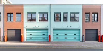 generativ ai, Mini bunt Metall selbst Lager Anlagen Vermietung Einheiten, Warenhaus Außen, Industrie Garage Gebäude. foto