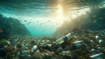 generativ ai, Plastik Träger Taschen, Flaschen und andere Müll Verschmutzung im Ozean. Umgebung Konzept foto