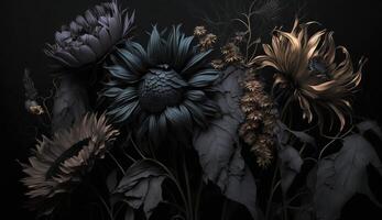 generativ ai, schließen oben von Blühen Blumenbeete von tolle schwarz Blumen auf dunkel gotisch launisch Blumen- texturiert Hintergrund. fotorealistisch Wirkung. foto