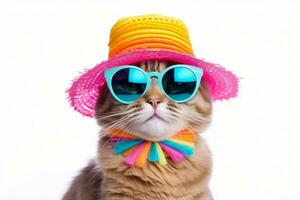 komisch Party Katze tragen bunt Sommer- Hut und stilvoll Sonnenbrille isoliert Über Weiß Hintergrund. ai generiert foto