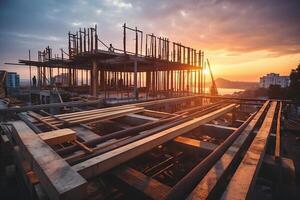 Konstruktion Seite? ˅ und Sonnenuntergang, strukturell Stahl Strahl bauen groß Wohn Gebäude. ai generiert foto