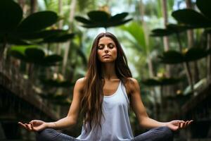 Frauen meditieren im Lotus Position tropisch Paradies. ai generiert foto