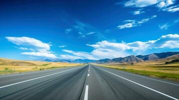 Illustration Bild von Landschaft mit Land Straße, leeren Asphalt Straße auf Blau wolkig Himmel Hintergrund. Mehrfarbig beschwingt draußen horizontal Bild, generativ ai Illustration foto