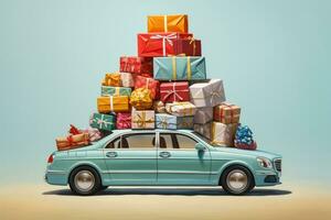 ein Auto gestapelt hoch mit viele Geschenke auf Pastell- Hintergrund Fotorealismus foto