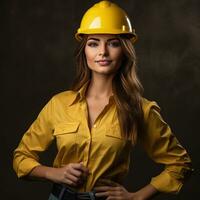 schön weiblich Konstruktion Arbeiter tragen ein Gelb Bauarbeiterhelm, foto
