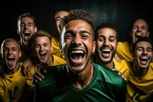 Brasilianer Fußball Mannschaft feiern ein Sieg Foto mit leeren Raum zum Text