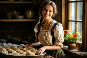 Russisch Frau Backen traditionell Kuchen im ihr Küche Foto mit leeren Raum zum Text