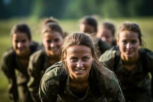 weiblich Soldat Ausbildung mit ein Gruppe im ein Feld Foto mit leeren Raum zum Text