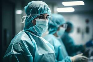 Mannschaft von Chirurgen durchführen ein Betrieb im ein Krankenhaus Foto mit leeren Raum zum Text