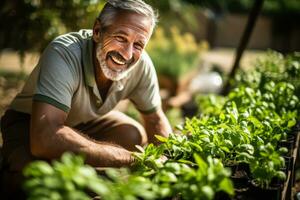 Senior Italienisch Mann Gartenarbeit im seine Hinterhof Foto mit leeren Raum zum Text