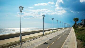 Illustration Bild von leeren Asphalt Straße neben das Meer Hintergrund, Autobahn neben das Meer, draußen horizontal Bild, generativ ai Illustration foto