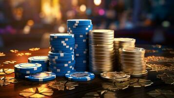 Stapel von Poker Chips auf hölzern Tabelle foto