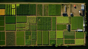 generativ ai, Bauernhof Landschaft, landwirtschaftlich Felder, schön Landschaft, Land Straße. Natur Illustration, fotorealistisch oben Aussicht Drohne, horizontal Banner. foto