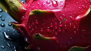 generativ ai, hell Scheibe von saftig reif Drachenfrucht und Wasser Tropfen, Makro von Sommer- Obst foto