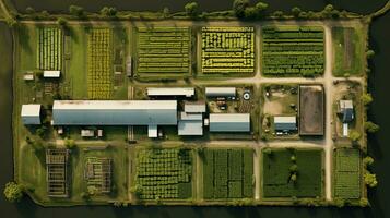 generativ ai, Bauernhof Landschaft, landwirtschaftlich Felder, schön Landschaft, Land Straße. Natur Illustration, fotorealistisch oben Aussicht Drohne, horizontal Banner. foto