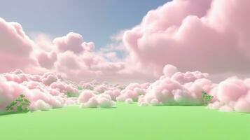 generativ ai, Rosa und Grün Fantastisch 3d Wolken auf das Boden, Himmel und Landschaft. sanft Farben und mit hell Beleuchtung. foto