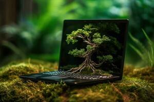 generativ ai, Laptop bedeckt im Moos und Pflanzen. Natur und Technologie Konzept foto