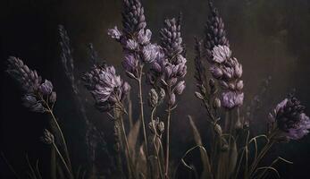 generativ ai, schließen oben von Blühen Blumenbeete von tolle Lavendel lila Blumen auf dunkel launisch Blumen- texturiert Hintergrund. fotorealistisch Wirkung.. foto