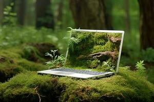 generativ ai, Laptop bedeckt im Moos und Pflanzen. Natur und Technologie Konzept foto