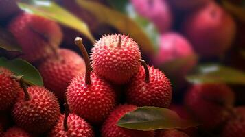 generativ ai, Makro frisch saftig von Litschi Obst Hintergrund. Nahansicht Foto, Sommer- Thailand Lebensmittel. foto