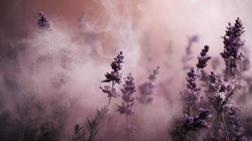 generativ ai, schließen oben wachsend Lavendel Feld mit Parfüm Rauch, blühen Lavendel, Rosa lila Blumen und Gras. foto