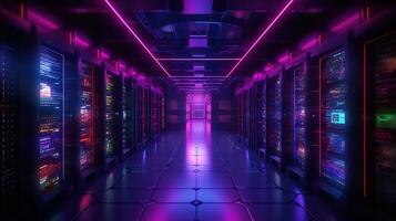 generativ ai, Daten Center, modern hoch Technologie Server Zimmer im lila Neon- Farben. modern Telekommunikation, Wolke rechnen, künstlich Intelligenz, Datenbank. foto