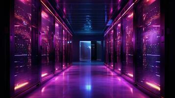 generativ ai, Daten Center, modern hoch Technologie Server Zimmer im lila Neon- Farben. modern Telekommunikation, Wolke rechnen, künstlich Intelligenz, Datenbank. foto