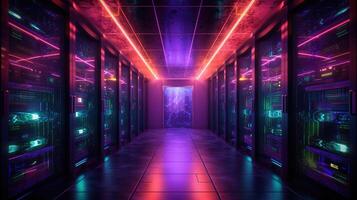 generativ ai, Daten Center, modern hoch Technologie Server Zimmer im lila Neon- Farben. modern Telekommunikation, Wolke rechnen, künstlich Intelligenz, Datenbank. foto