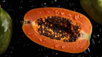 generativ ai, Makro frisch Hälfte von Papaya Obst Hintergrund. tropisch exotisch Nahansicht Foto mit Tropfen