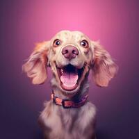 generativ ai, Porträt von ein glücklich Hund suchen beim das Kamera mit Mund öffnen auf Rosa Hintergrund foto