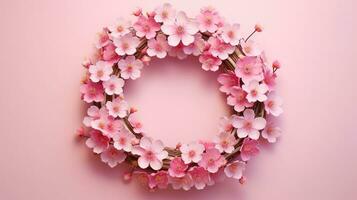 generativ ai, Kranz von wenig Licht Rosa Kirsche Sakura Blumen mit Kopieren Raum, natürlich organisch Blumen- Rahmen foto