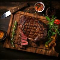 gegrillt Fleisch Grill Steak mit Knoblauch, Salz- und Pfeffer auf ein rustikal Küche hölzern Schneiden Tafel mit Kopieren Raum. foto