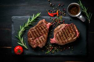 geschnitten gegrillt Fleisch Steak mit Gewürze Rosmarin und Pfeffer auf schwarz Marmor Tafel foto