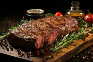 gegrillt Fleisch Grill Steak auf hölzern Schneiden Tafel mit Rosmarin und Kopieren Raum. oben Sicht. foto